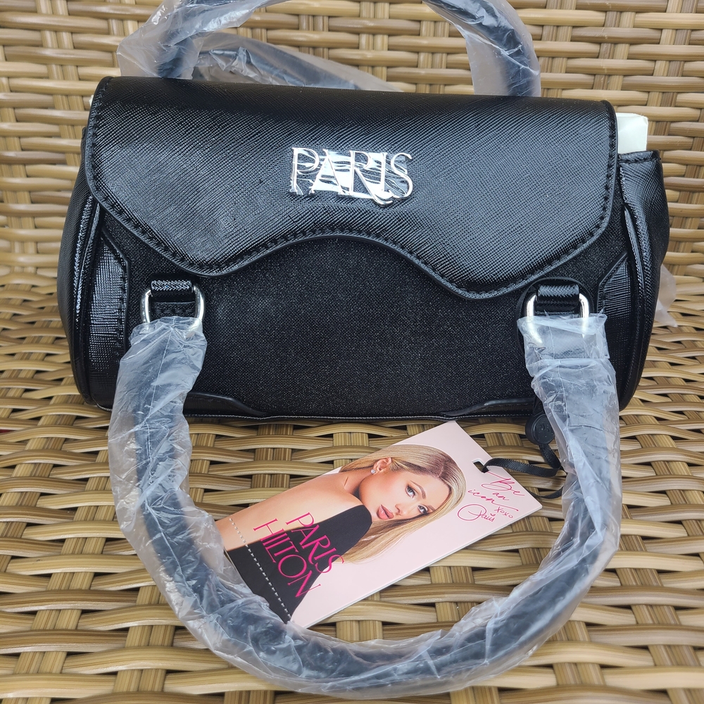 Paris Hilton Black Mini Satchel Bag Purse Structured Handles - Picture 2 of 14